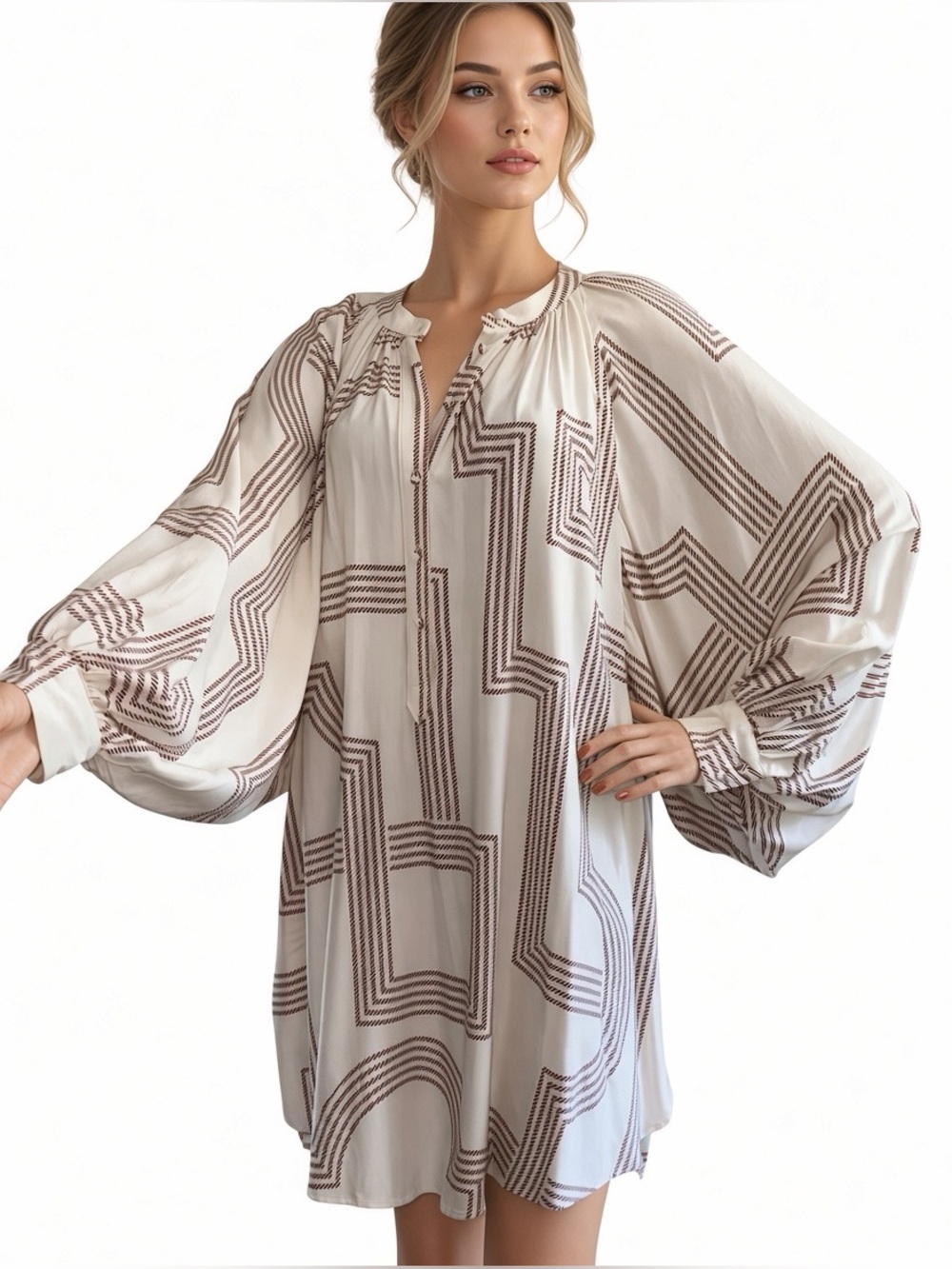 HM Geometric Tunic Dress Womens 6 100% Viscose Oversized Dolman Boho Lagenlook